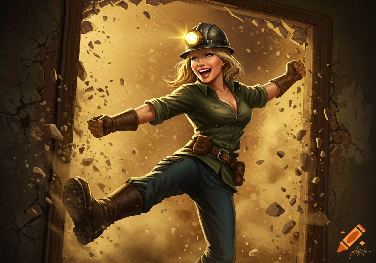 A smiling blond woman in a miner's helmet and work clothes kicks open a door, shattering the frame in an action illustration.