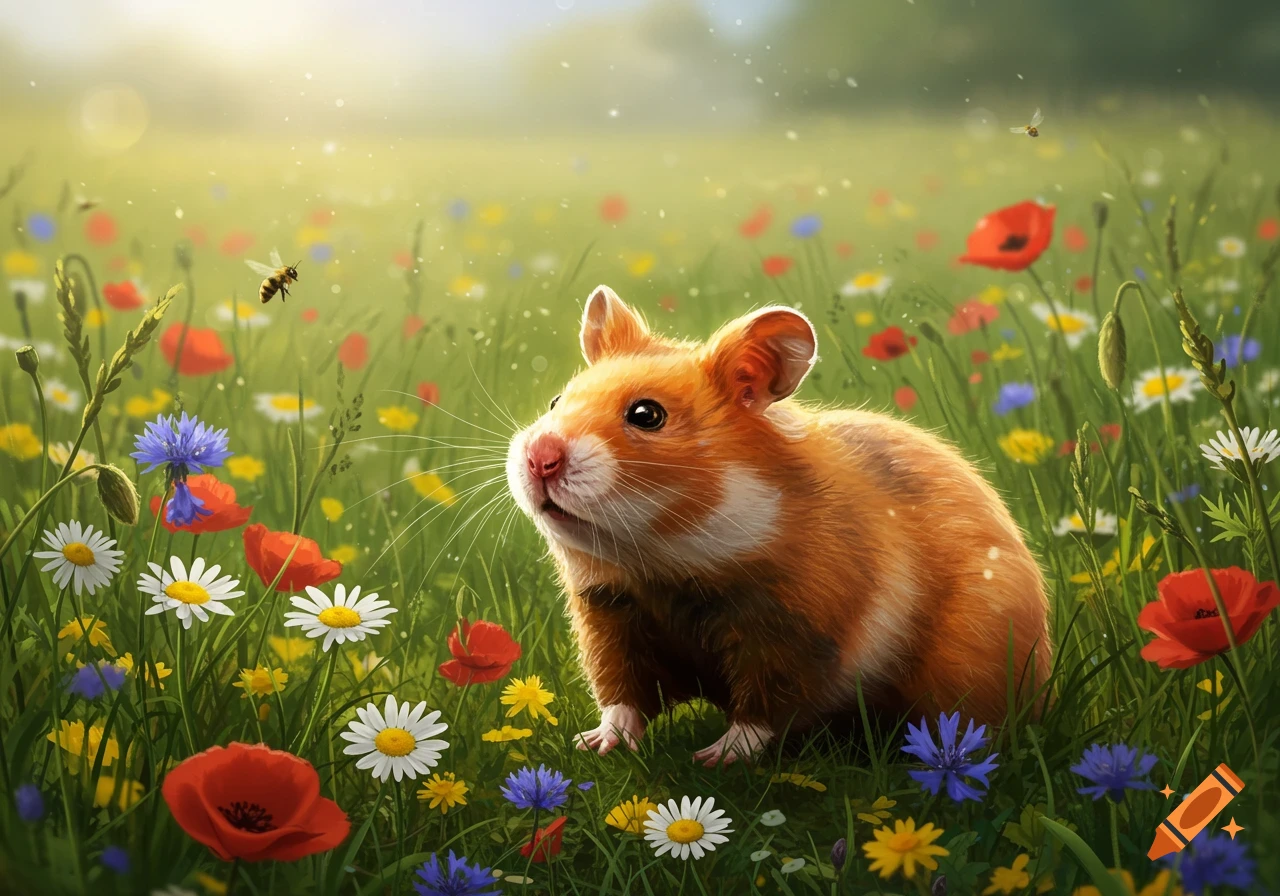 A photorealistic ginger hamster sits in a vibrant field full of colorful wildflowers under a sunny sky, with bees flying nearby.