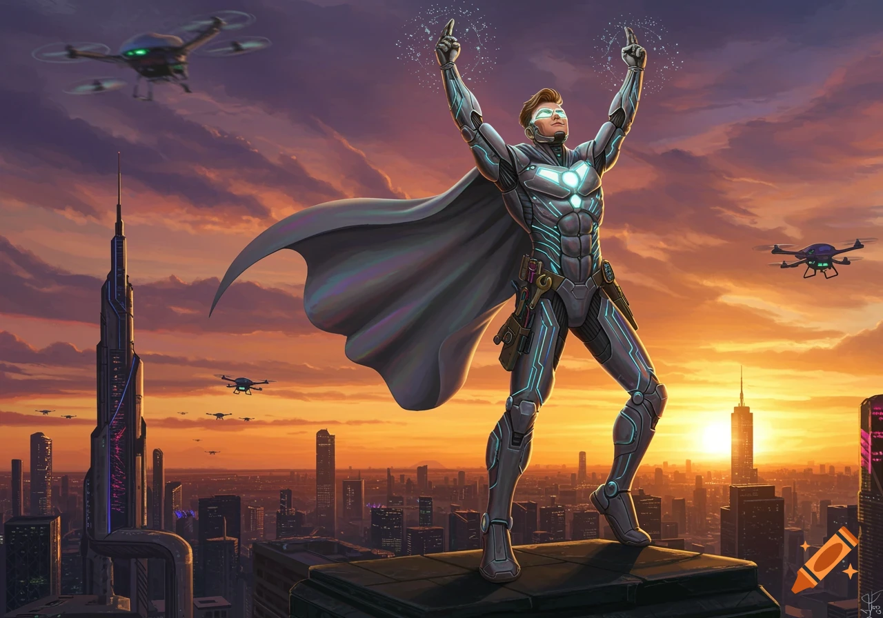 A sci-fi superhero in a glowing suit stands triumphantly on a rooftop overlooking a futuristic city at sunset with drones flying.