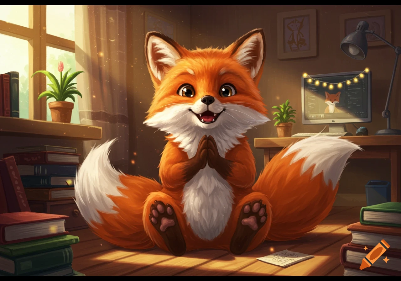 A happy, anthropomorphic orange fox sitting on the floor in a cozy room with books and a computer.
