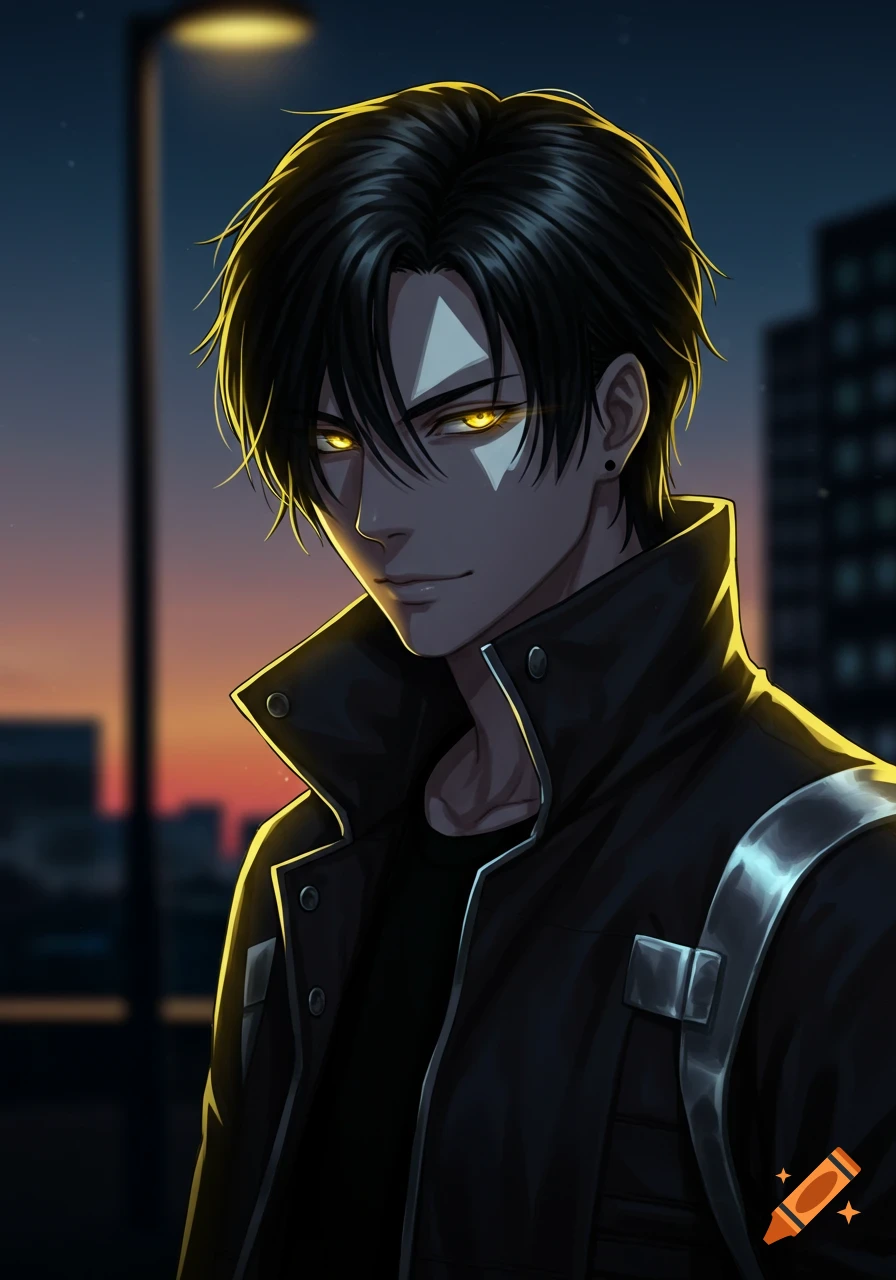 Close-up of a handsome anime man with black hair, a white patch near his forehead, and glowing yellow eyes, wearing a black jacket at night.
