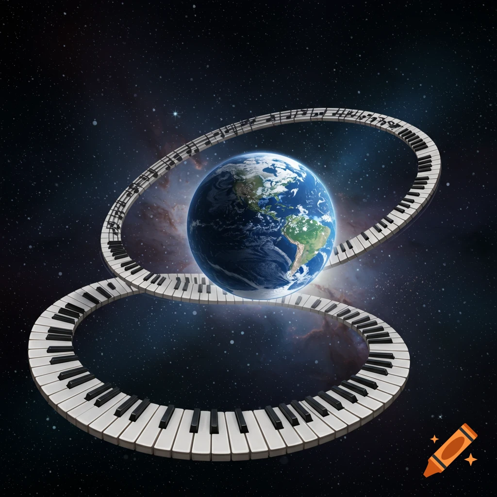The Earth surrounded by a swirling pathway of piano keys and musical notes in outer space.