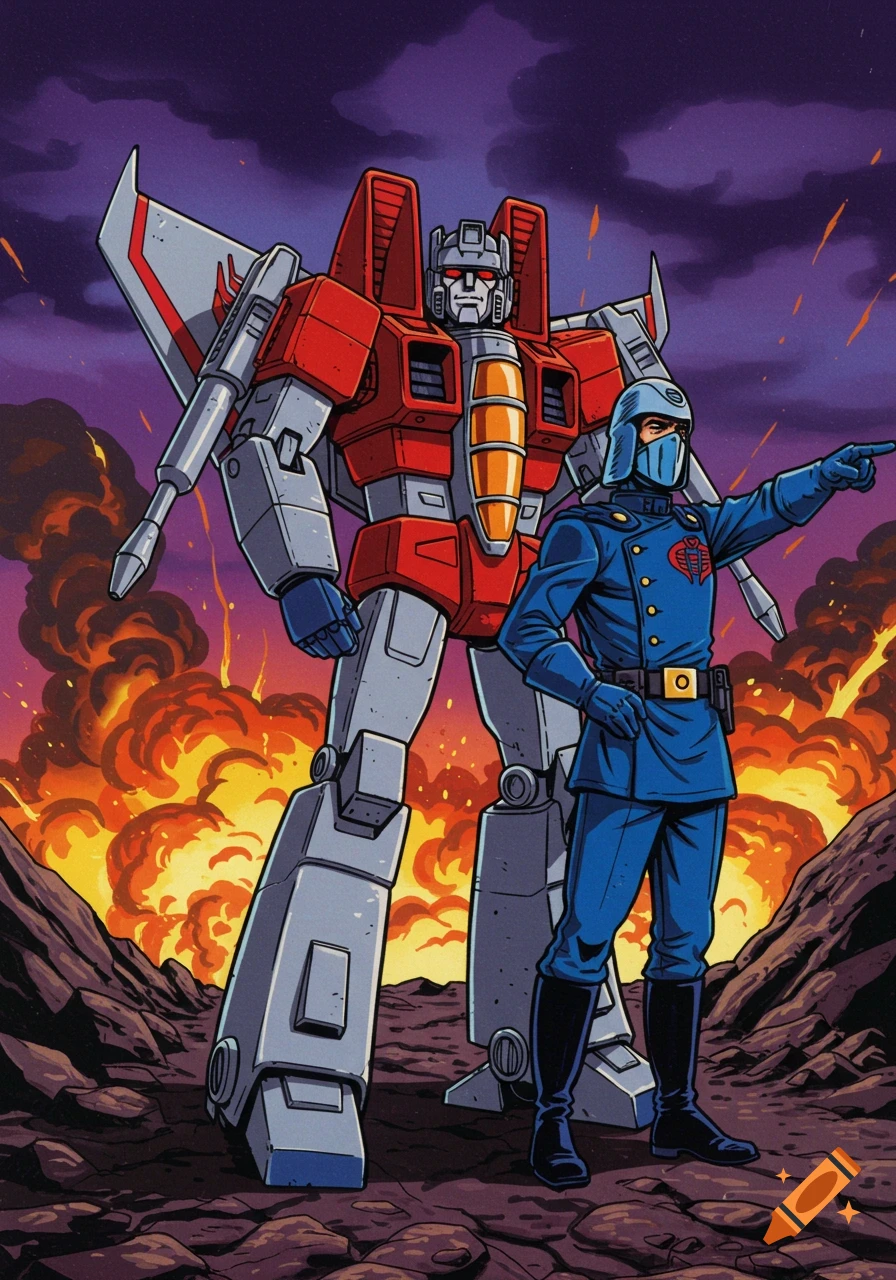 Starscream and Cobra Commander stand side by side on a rocky battlefield with explosions under a purple sky, in 1980s cartoon style.