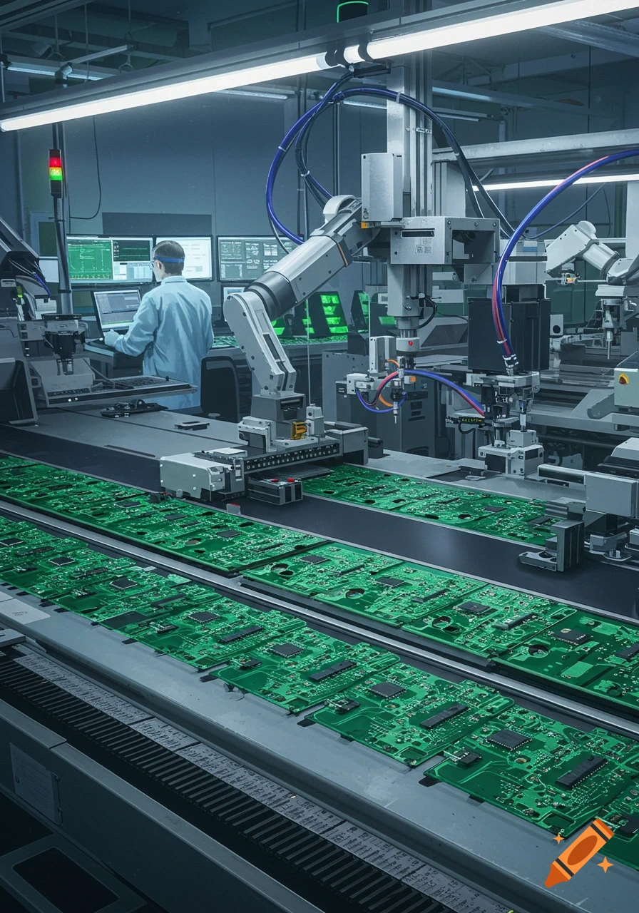 A modern factory floor with an electronics assembly line, featuring robotics, circuit boards on conveyors, and a worker at a computer station.