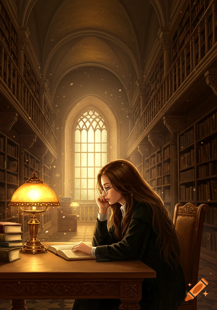 A woman with long brown hair and glasses reads a book at a wooden desk in a grand, warmly lit library with tall bookshelves and an arched window.