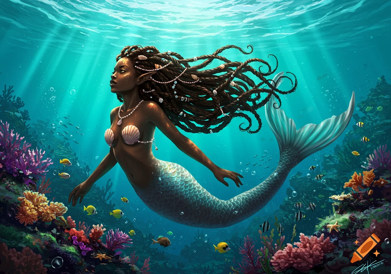 An illustration of a beautiful Black mermaid with long braids adorned with pearls and shells, gracefully swimming in a vibrant coral reef surrounded by fish, with rays of sunlight filtering through the turquoise water.