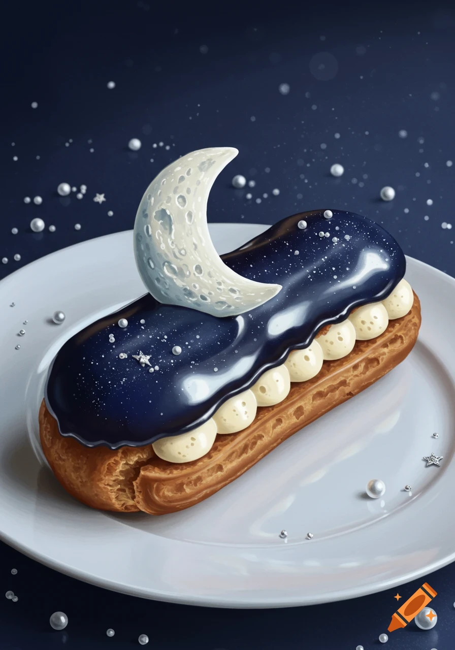 A dark blue, galaxy-themed dclair topped with a crescent moon and white pearls on a white plate against a dark background.