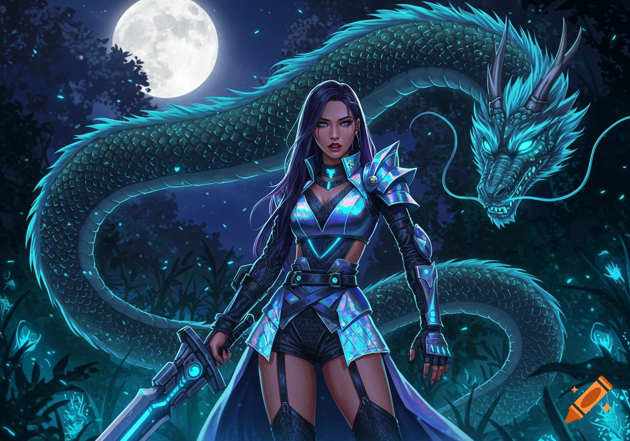 A female warrior in glowing blue armor with a sword stands before a large blue dragon under a full moon in a dark forest.