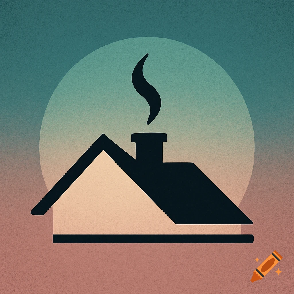 Minimalist logo of a house rooftop silhouette with smoke against a grainy teal and peach gradient sky.