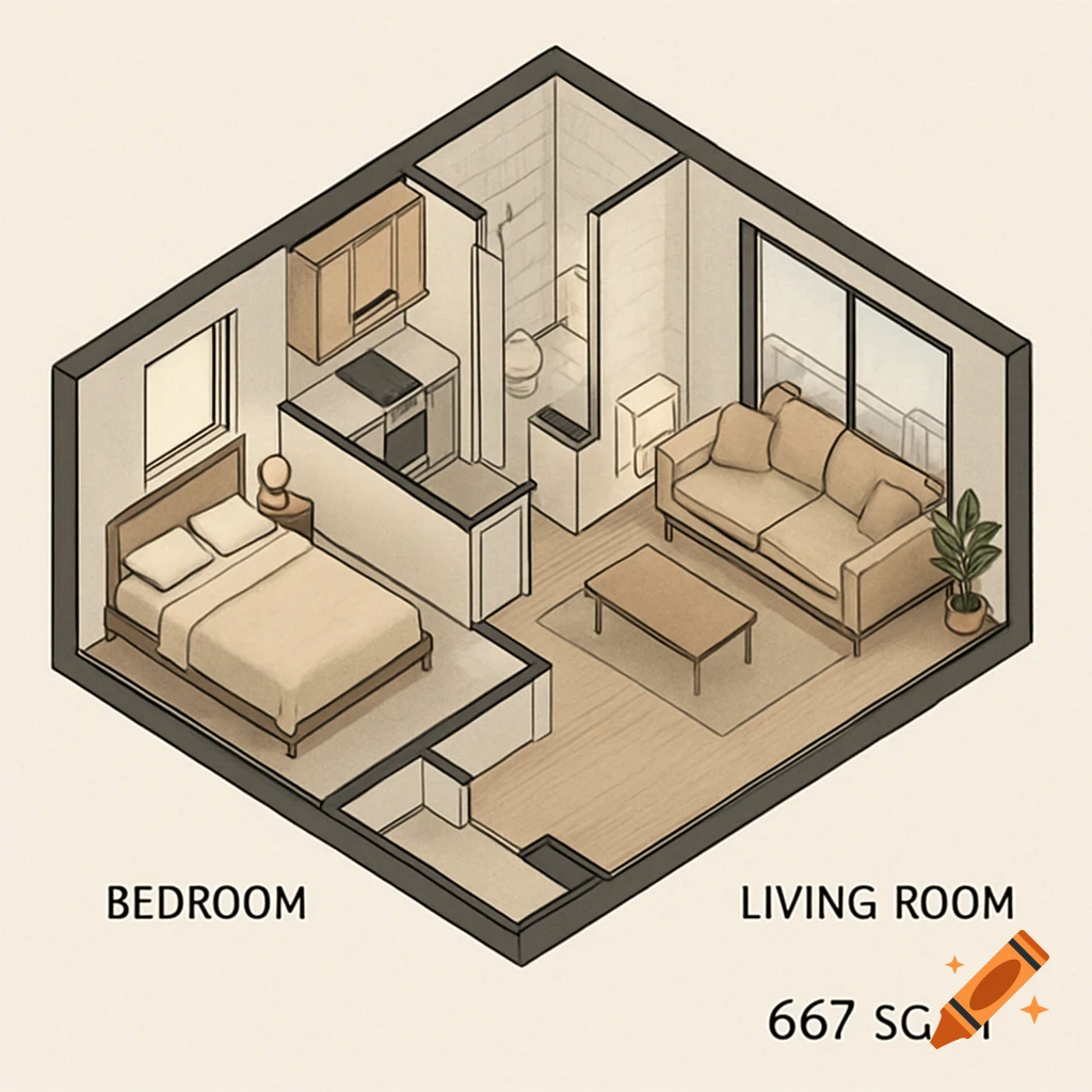 Isometric illustration of a 667 sq ft apartment floor plan showing a bedroom, living room, kitchen, and bathroom.