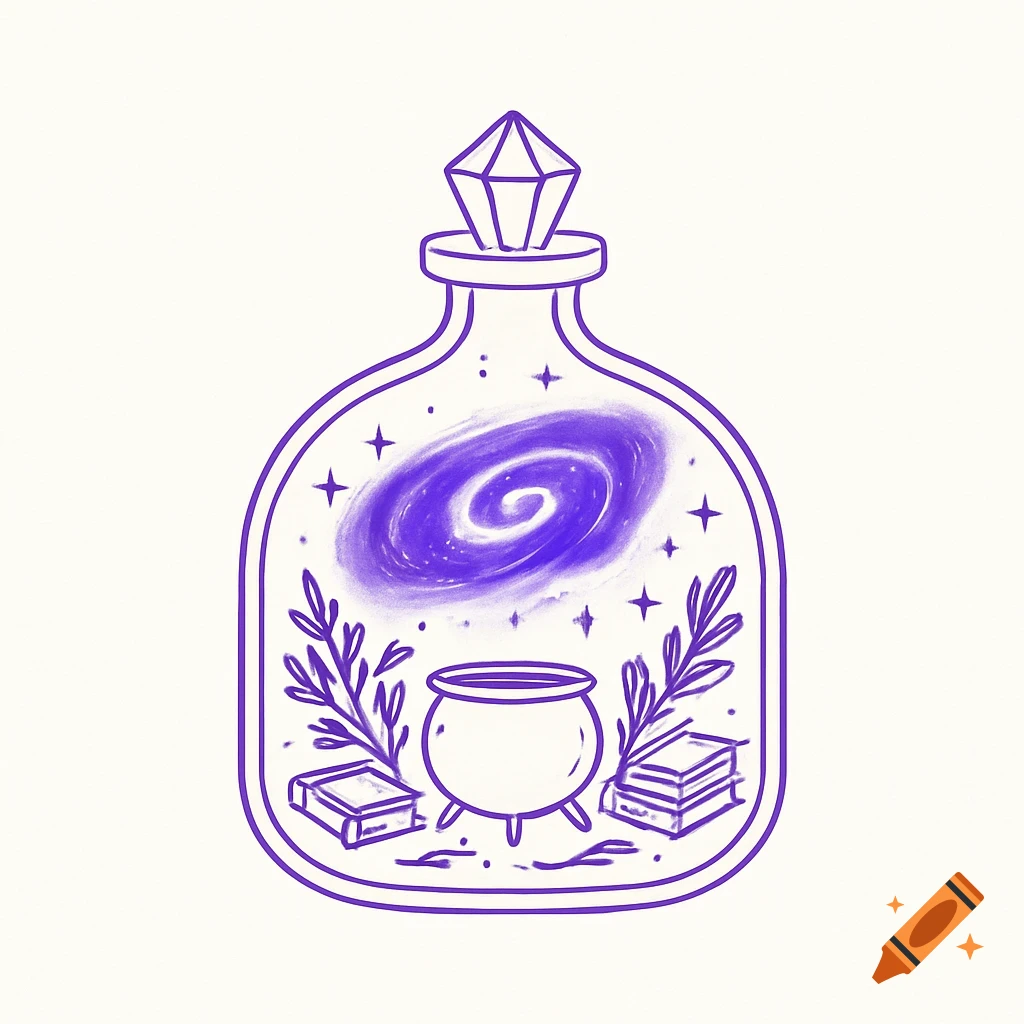 A purple line drawing of a potion bottle containing a galaxy, cauldron, herbs, and spellbooks, with a crystal stopper.