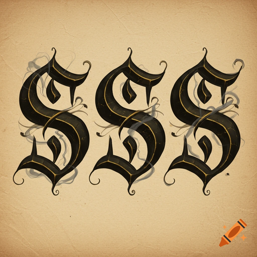 Three gothic calligraphy capital 'S' letters in black with gold accents on a parchment background.