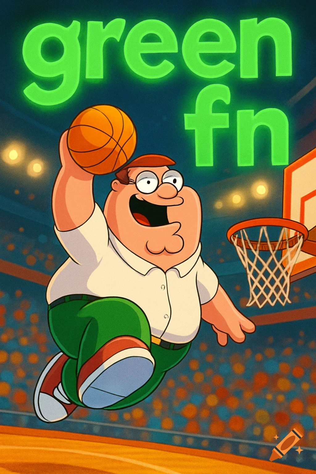 Cartoon Peter Griffin dunks a basketball in an arena, with 'green fn' text above.