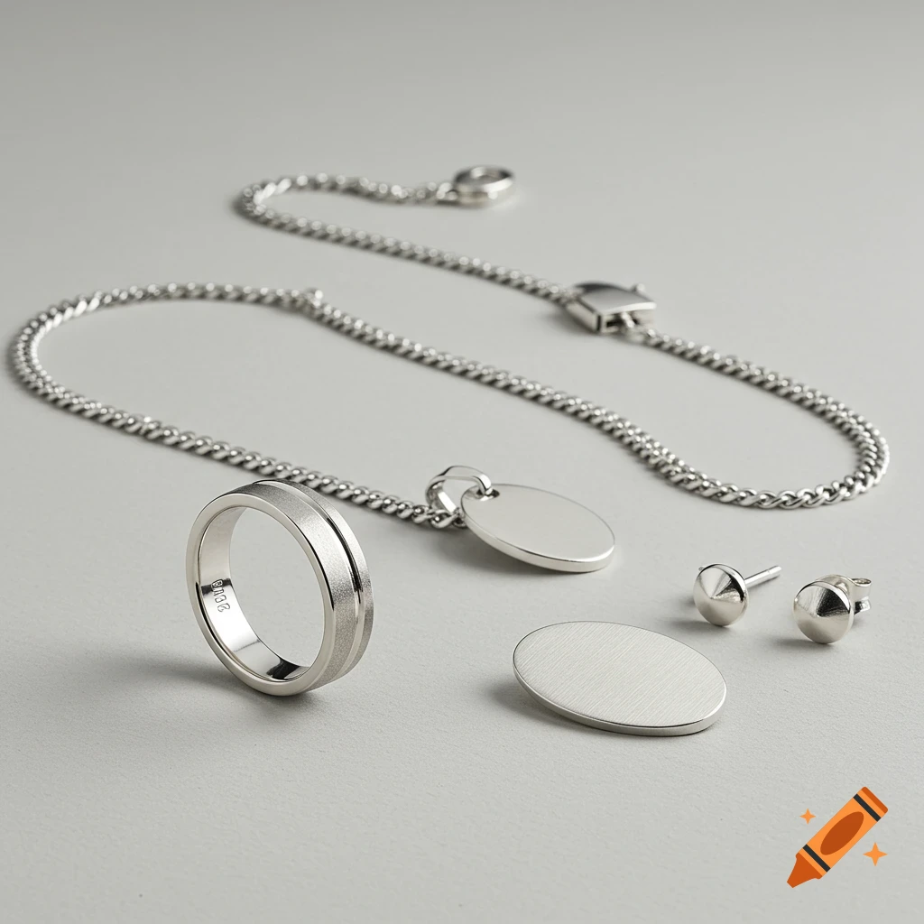 Assorted silver jewelry pieces including a ring, a necklace with an oval pendant, and stud earrings, arranged on a light gray surface.