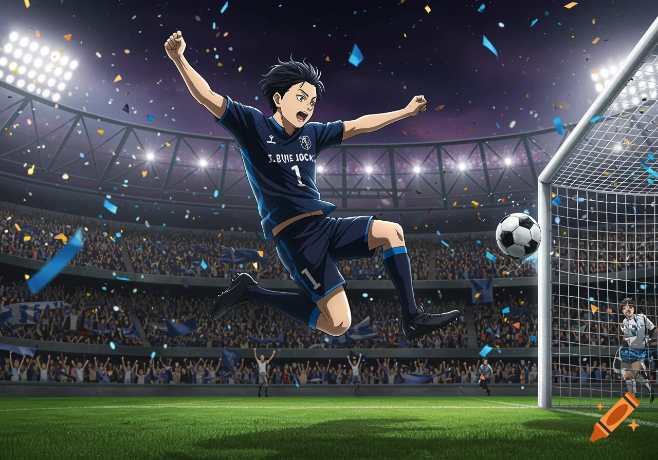 An anime-style male soccer player in a blue jersey jumps in celebration after scoring a goal in a packed stadium with confetti falling.