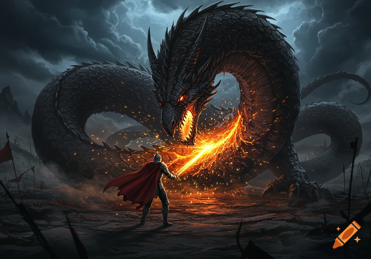 A knight in armor holds a glowing sword against a massive, dark dragon amidst a stormy sky and battleground.