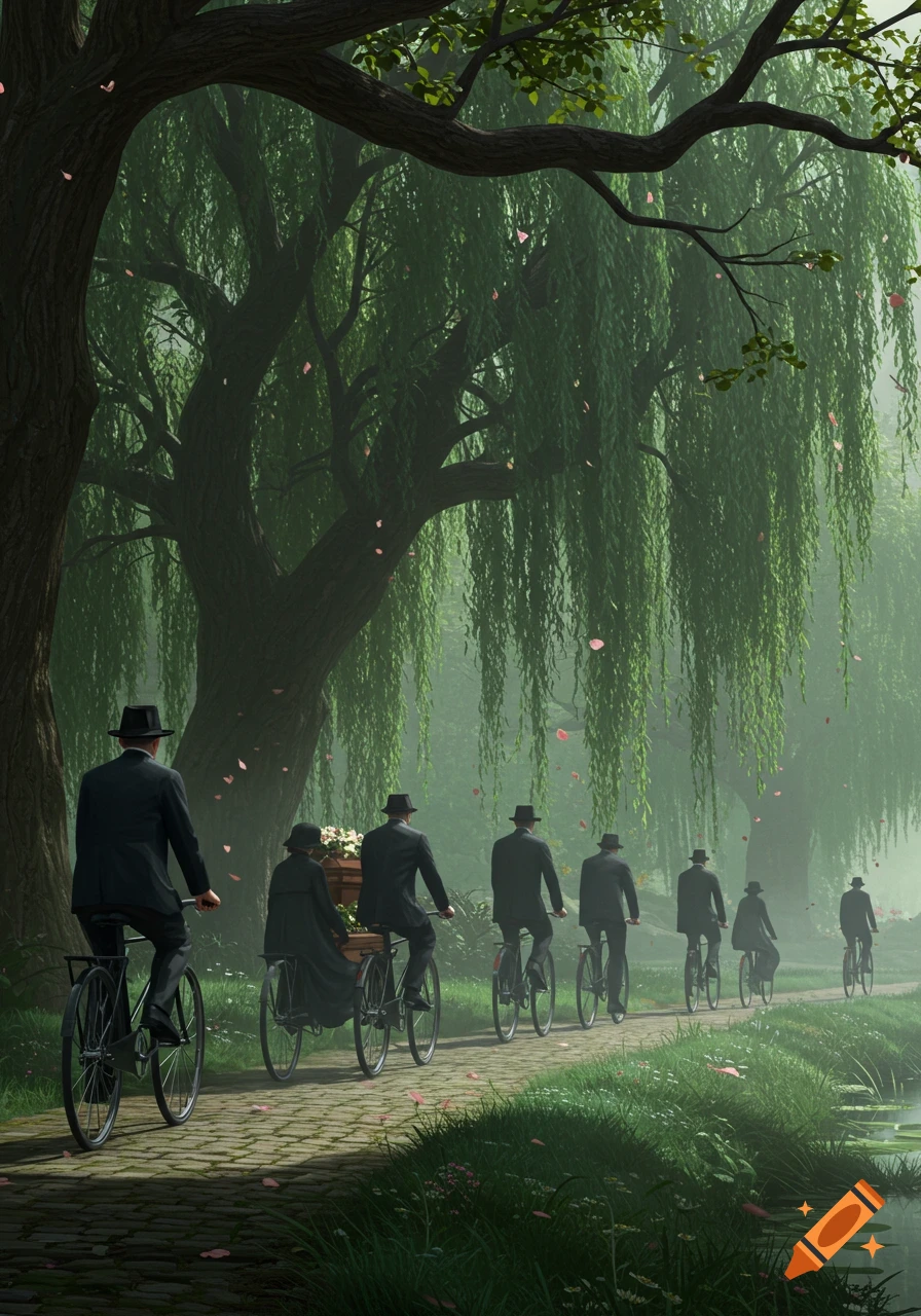 A funeral procession of people on bicycles, one carrying a coffin, riding on a misty path under weeping willow trees with falling petals.