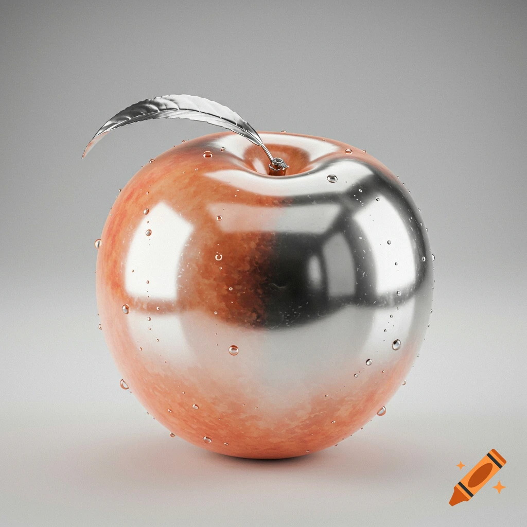 A photorealistic 3D rendering of an apple that is half orange and half silver chrome, with a silver leaf and water droplets.
