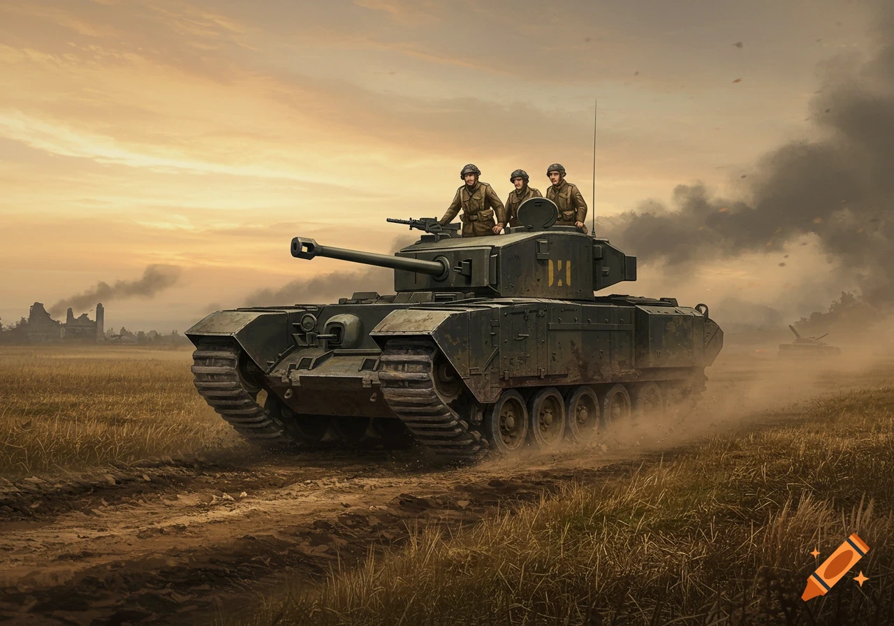 A Churchill tank with three crew members on top drives through a dusty battlefield towards ruined buildings under an orange sky.