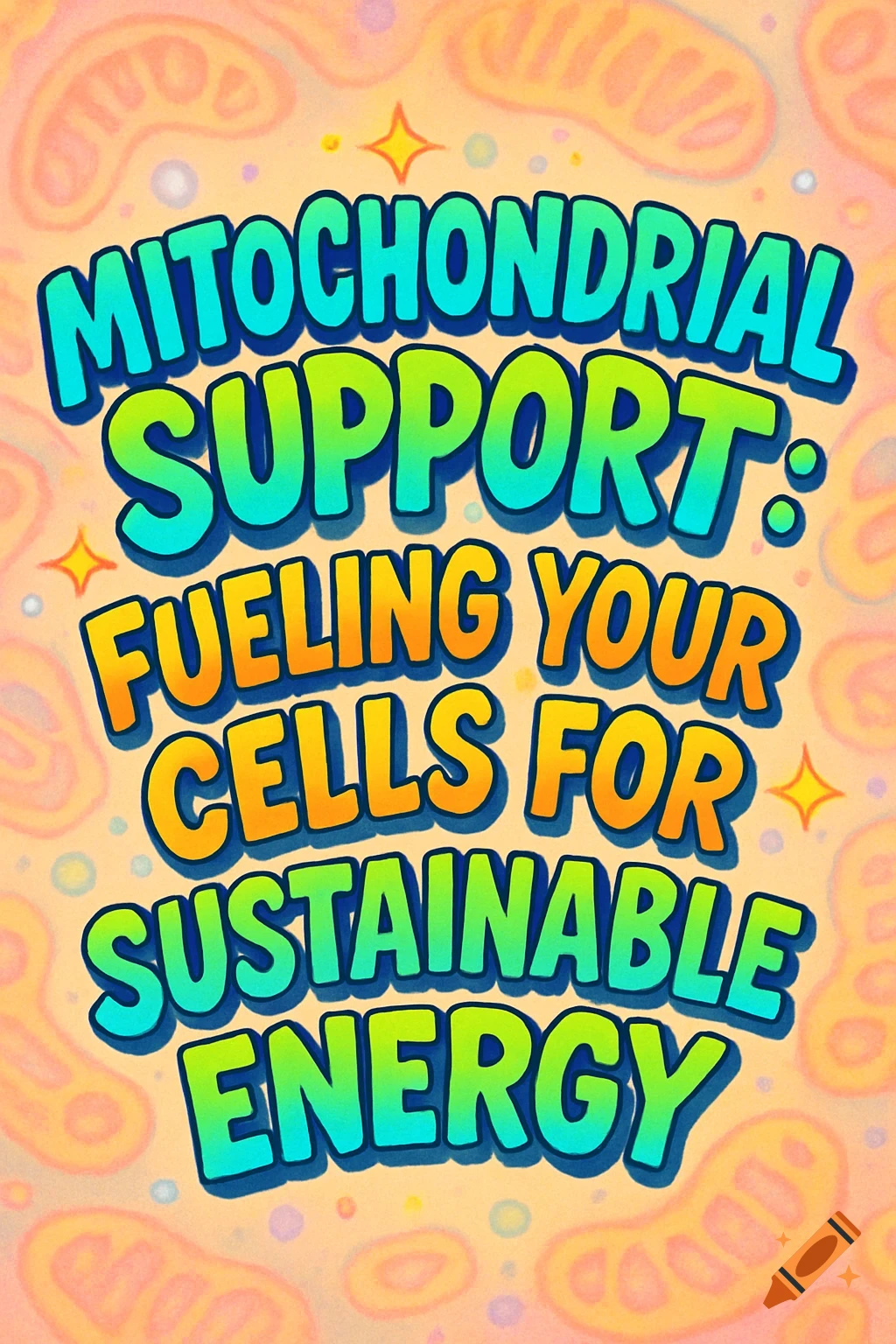 Colorful graphic with bold text 'Mitochondrial Support: Fueling Your Cells for Sustainable Energy' over a background of mitochondria shapes.