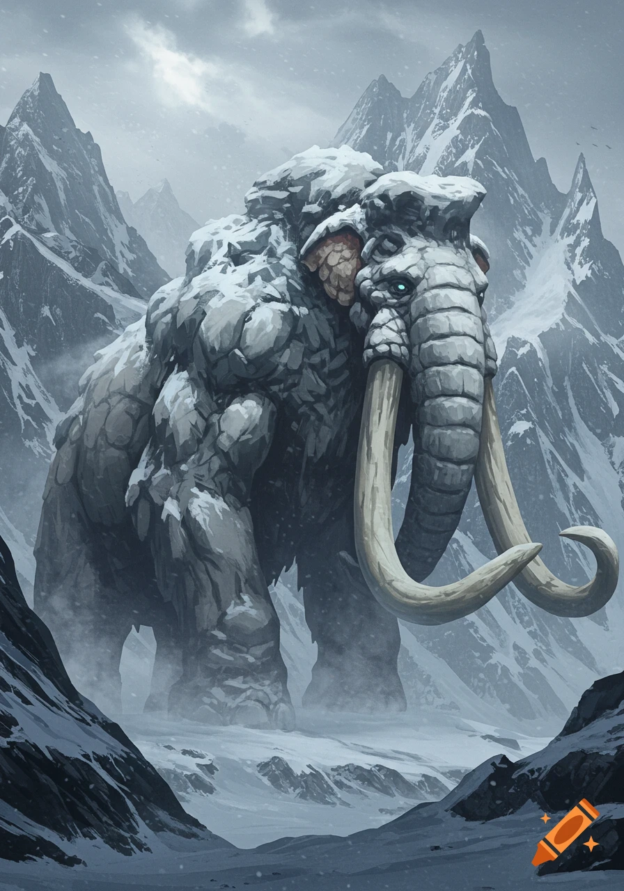 A massive, grey, rock-like creature resembling a mammoth with glowing eyes stands in a snowy mountain landscape.