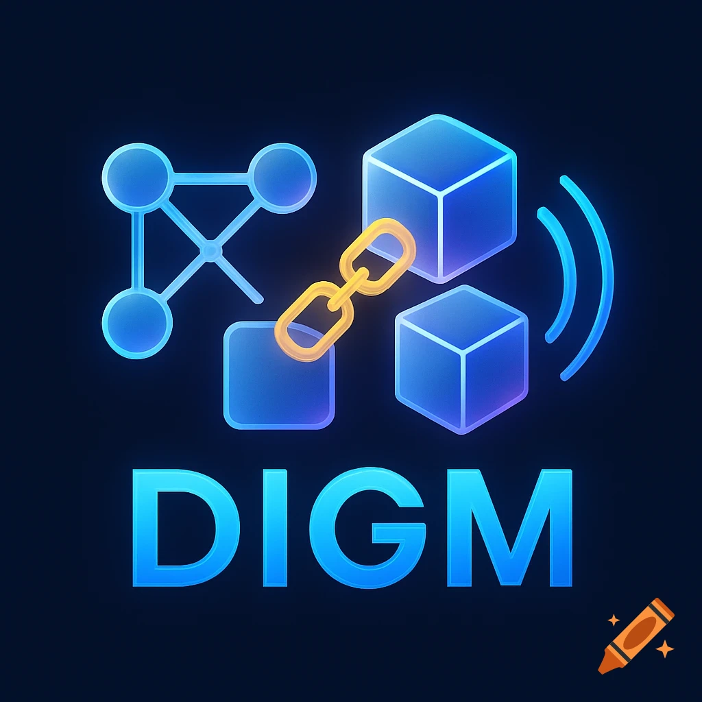 A modern logo featuring glowing blue network nodes, interconnected cubes resembling blockchain elements, a gold chain link, and blue signal waves, with the text 'DIGM' below.