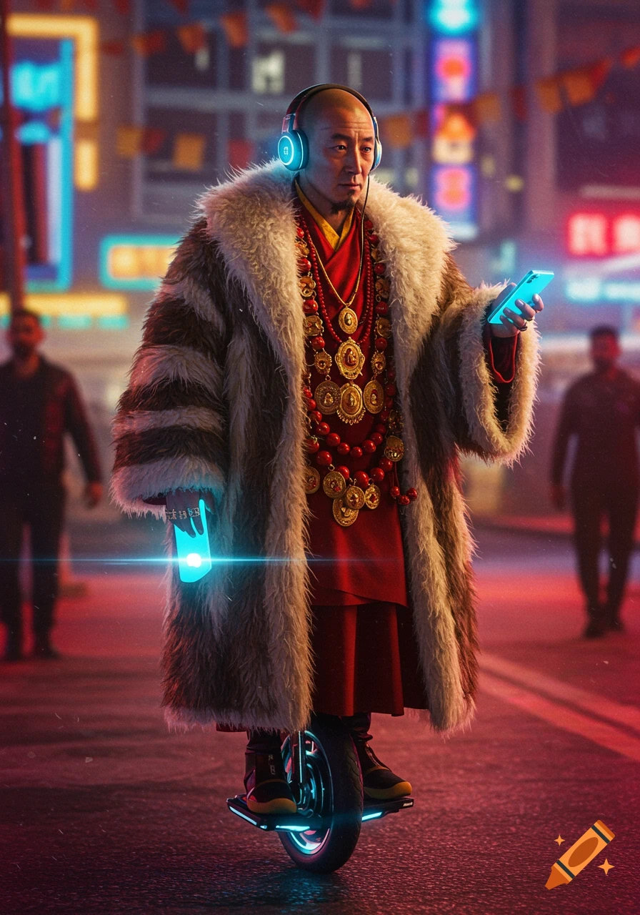 A bald monk in a fur coat and ornate jewelry, wearing headphones and holding a glowing phone, rides an electric unicycle down a futuristic neon city street.