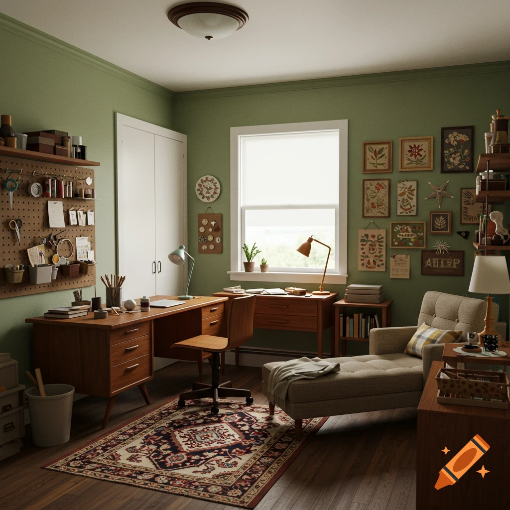A cozy mid-century modern home office and craft room with sage green walls, wooden furniture, a pegboard, and a patterned rug.