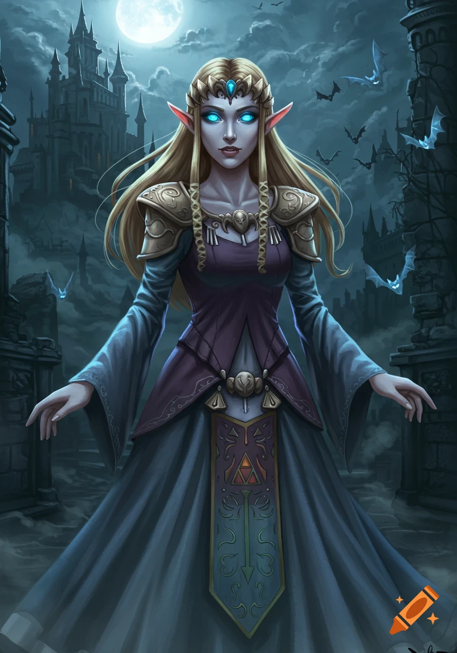 A full-body digital painting of Princess Zelda as a vampire, with glowing blue eyes, long blonde hair, and elven ears. She wears a dark blue and purple gown with gold armor accents, standing in front of a gothic castle under a full moon. Bats fly in the misty sky.