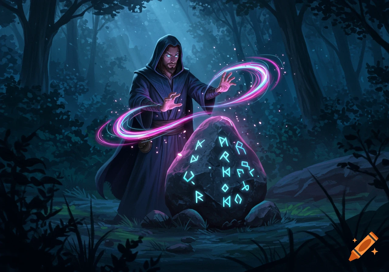 A hooded mage with glowing eyes casts a spell over a large, dark stone inscribed with glowing runes in a dark forest.