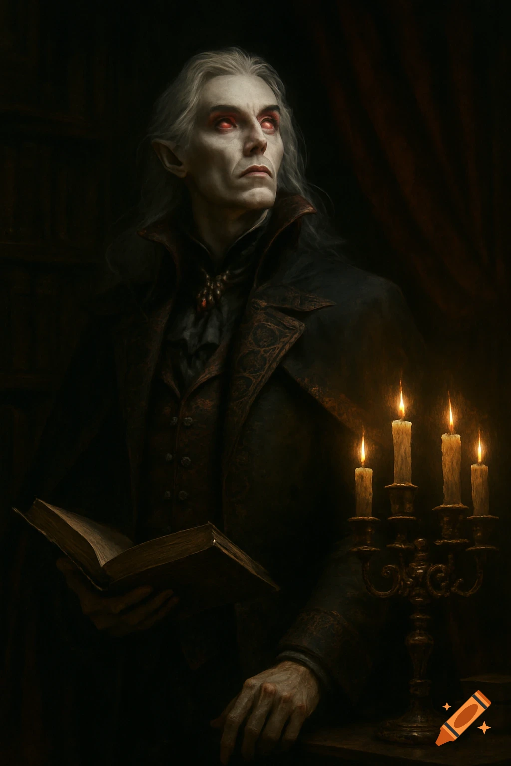A gothic portrait of a pale vampire lord with red eyes and white hair, looking up from an open book by candlelight.