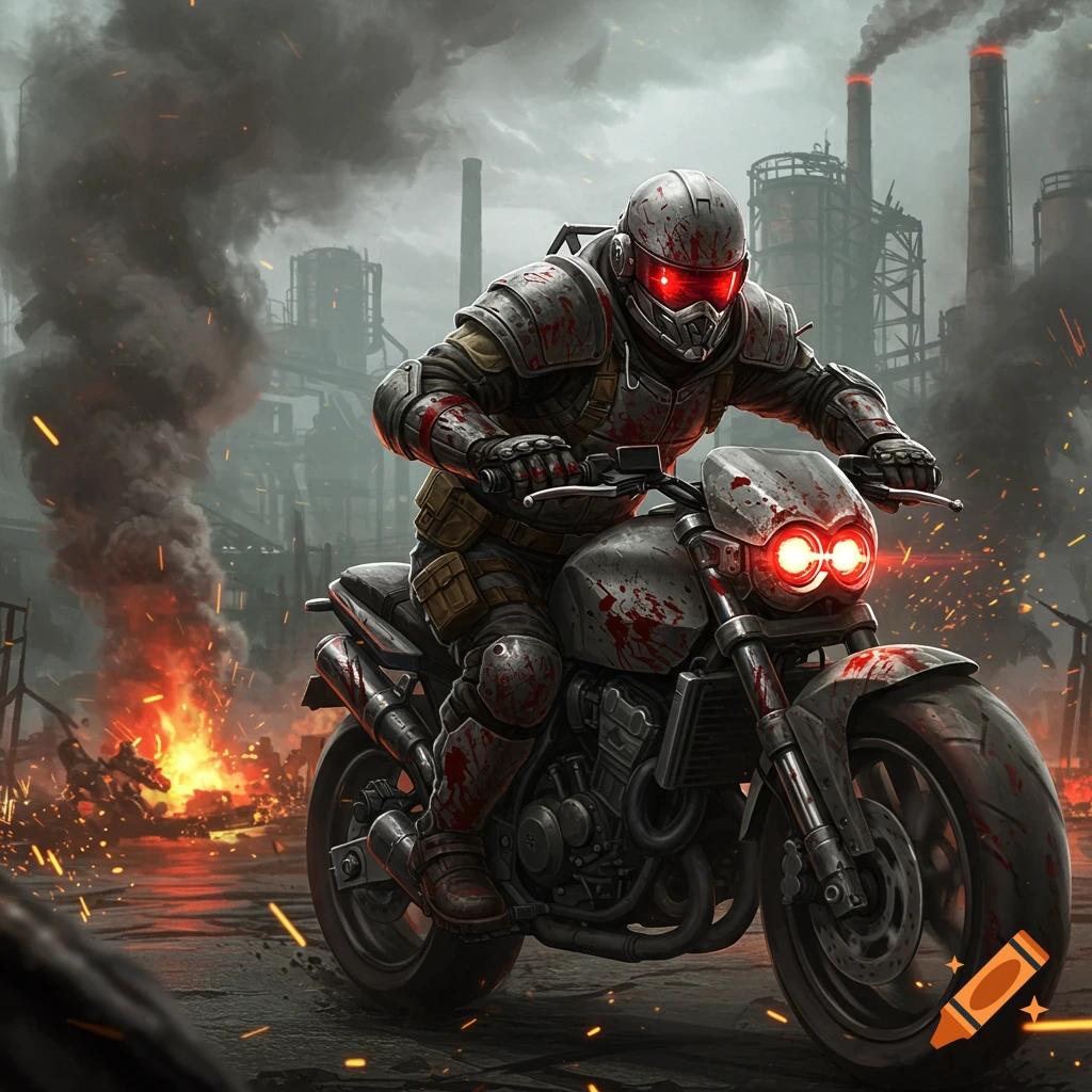 A armored biker on a motorcycle with red headlights, covered in blood splatters, rides through a smoky, fiery industrial wasteland.