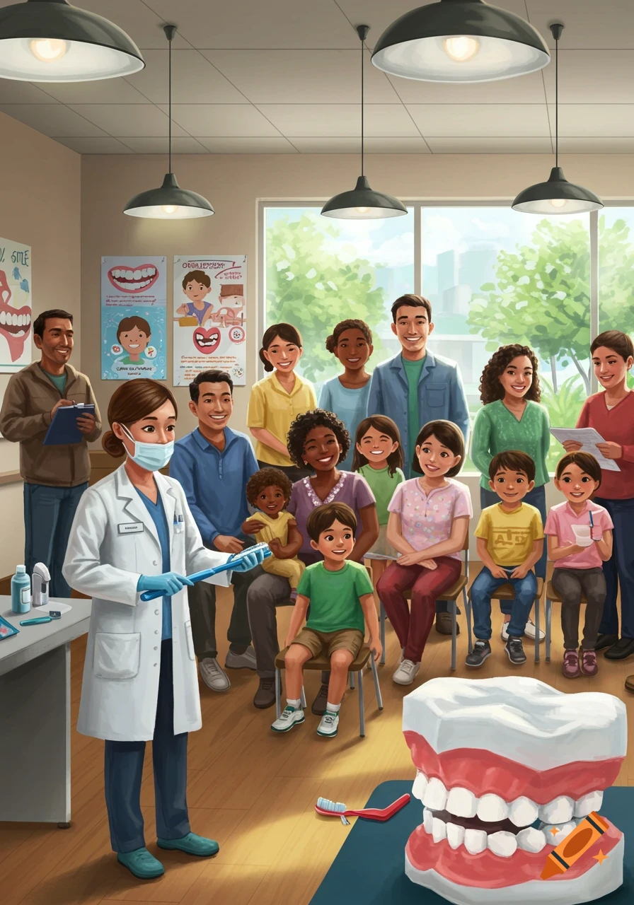 A dentist demonstrates brushing with a large toothbrush to a diverse group of adults and children in a bright classroom with dental charts.