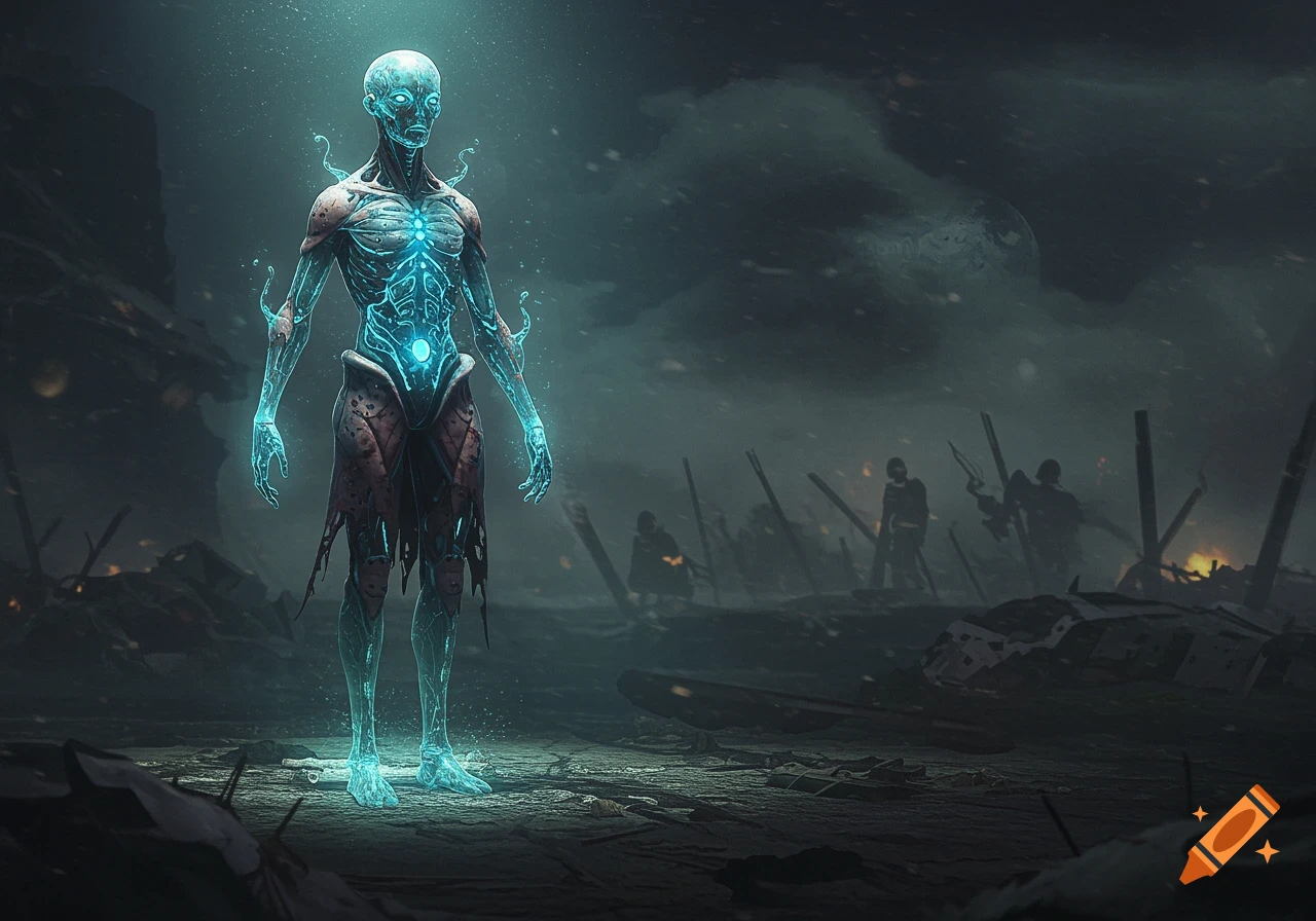 A glowing blue skeletal alien in a desolate, dark, snowy landscape with distant silhouetted figures and debris. Sci-fi art.
