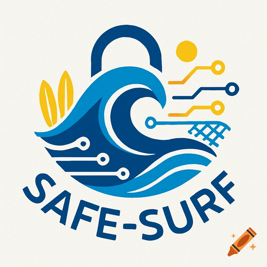 A logo for Safe-Surf featuring a padlock, waves, surfboards, circuit lines, and the text SAFE-SURF in blue.