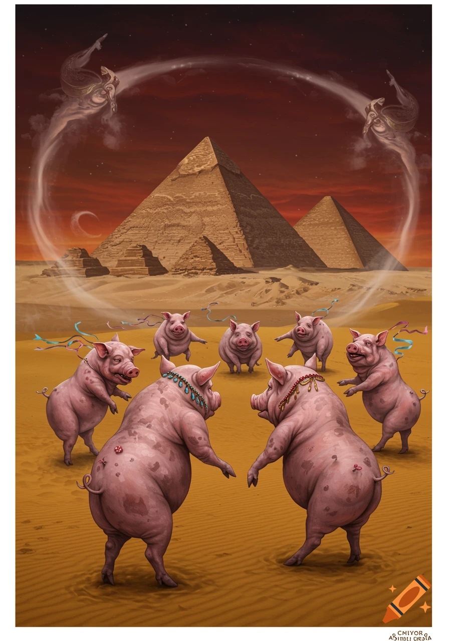 Dancing pigs adorned with jewelry in a desert with pyramids under a red, starry sky, with ethereal figures swirling above.