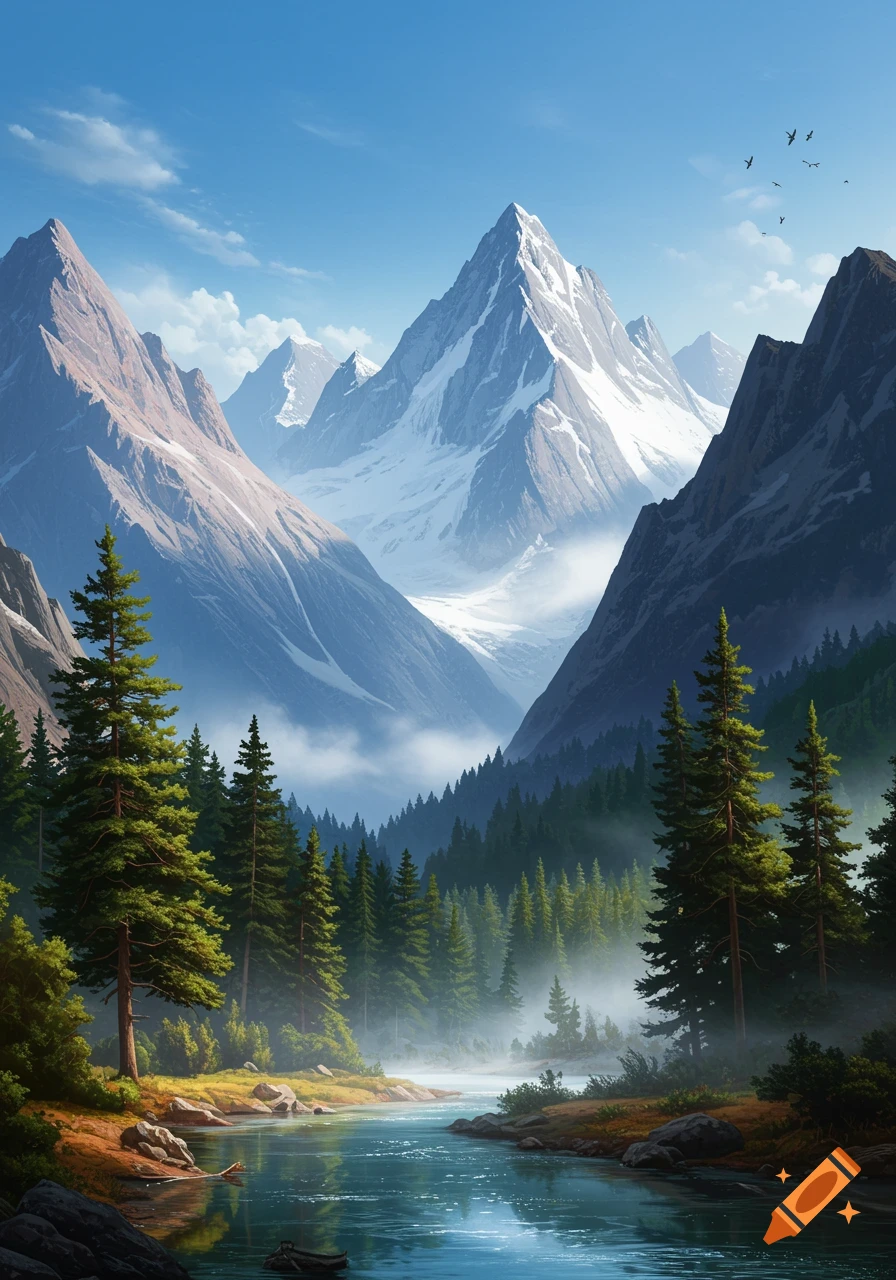 A pristine mountain landscape with snow-capped peaks, a lush forest, and a clear river flowing through a valley.