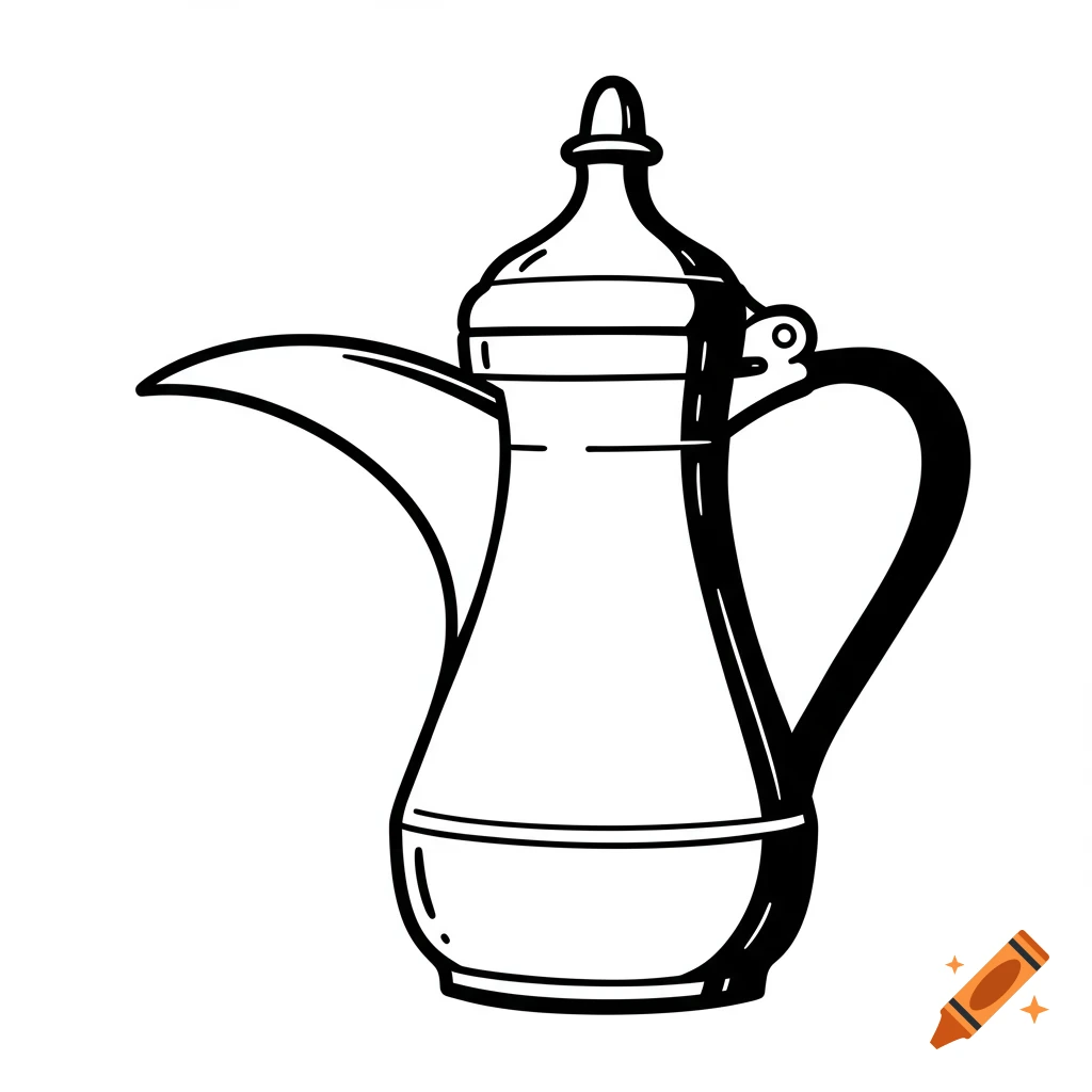 A black and white cartoon illustration of a Dallah coffee pot with a spout and handle on a white background.