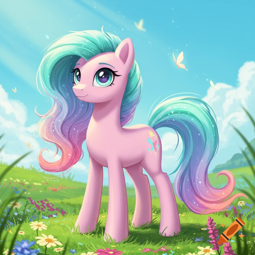 A pink My Little Pony character with flowing teal, purple, and pink mane and tail stands in a green field of wildflowers under a blue sky.