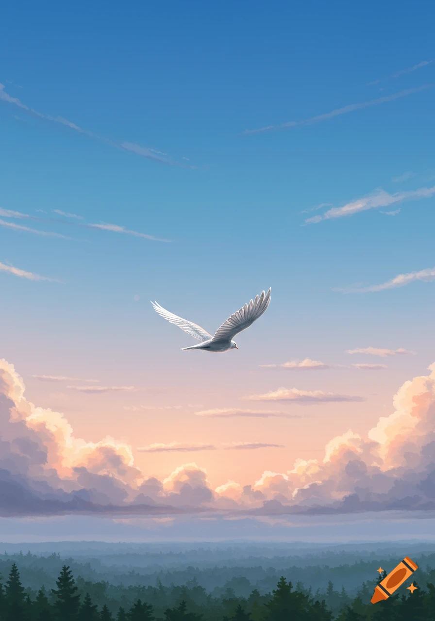 A white bird flies over a forest under a vast blue sky with soft pink and white clouds, digital art.