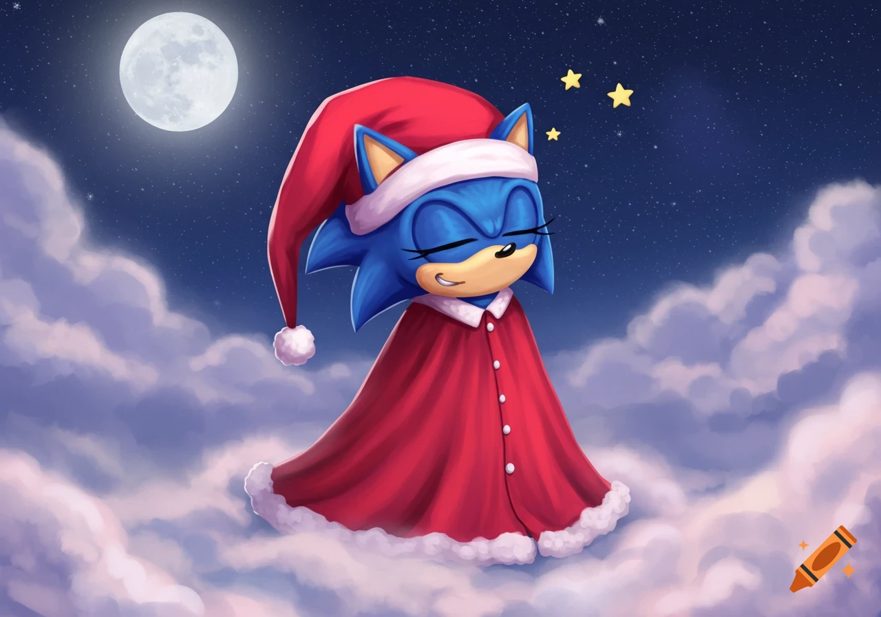 Blue Sonic character wearing a red nightcap and gown, smiling peacefully on clouds under a full moon and starry sky.