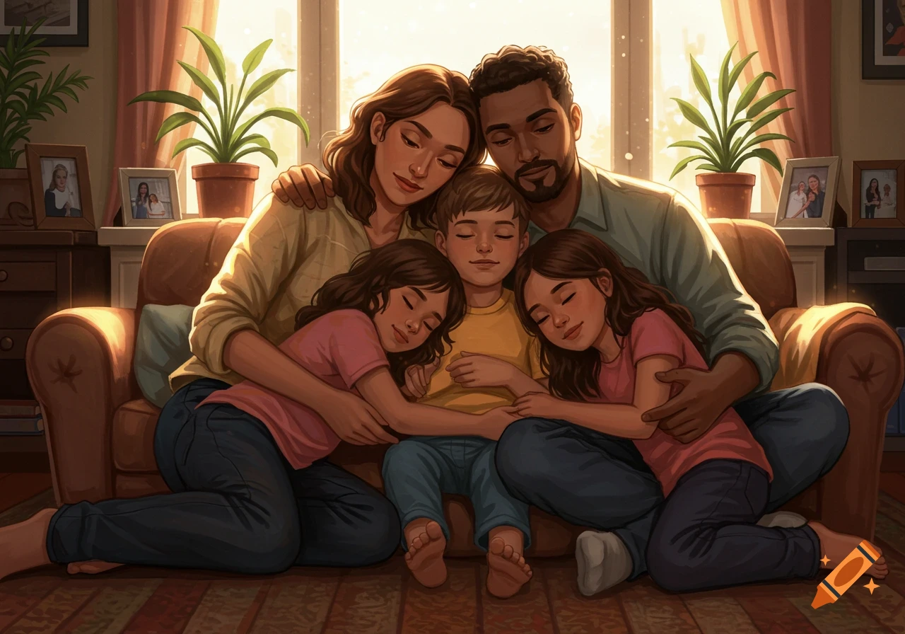 An illustration of a diverse family, including parents and three children, embracing and resting together on a cozy couch.