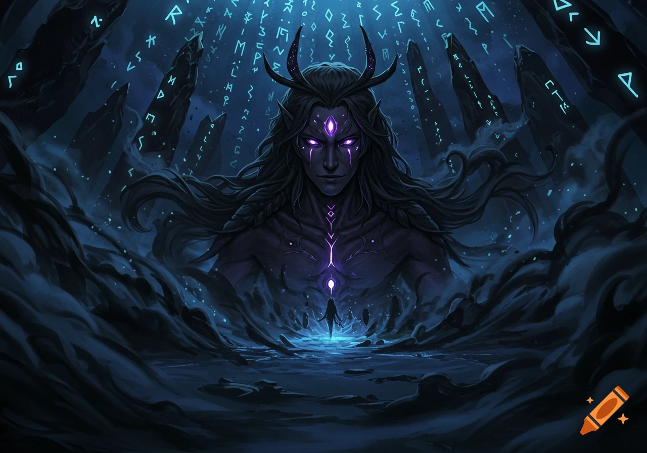 An anime-style fantasy figure with glowing purple eyes and horns rises from dark mist, surrounded by glowing runes.