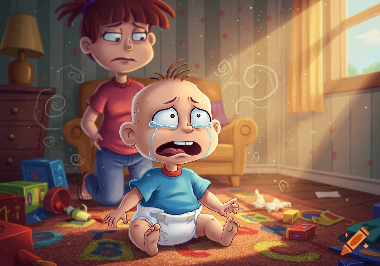 Cartoon of a crying baby in a diaper sitting on a messy rug, while a woman stands behind him, looking upset.