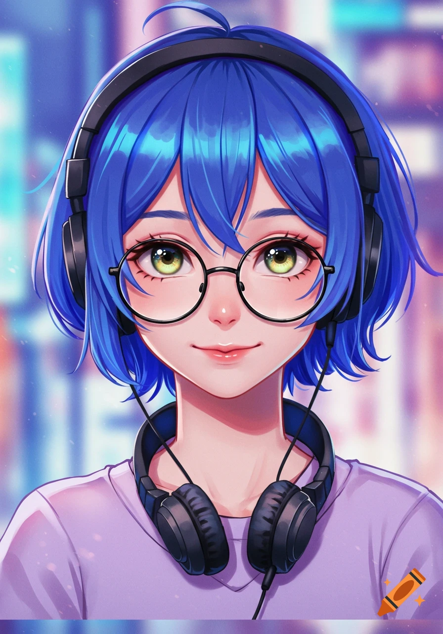 An anime portrait of a person with blue hair and glasses, wearing headphones around their neck.