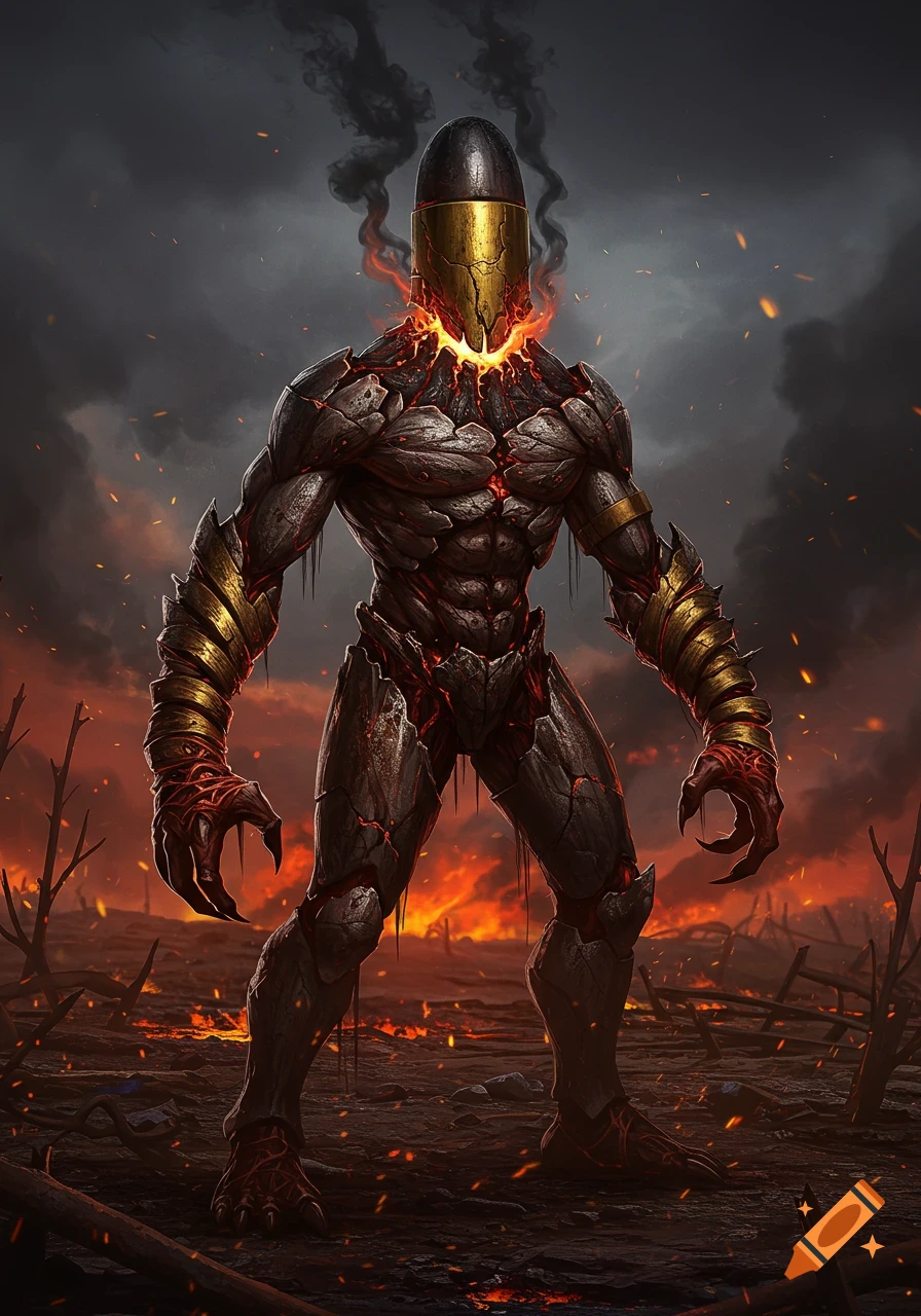 A formidable bullet-headed monster with a cracked, rocky body and glowing lava stands in a burning, desolate landscape under a dark sky.
