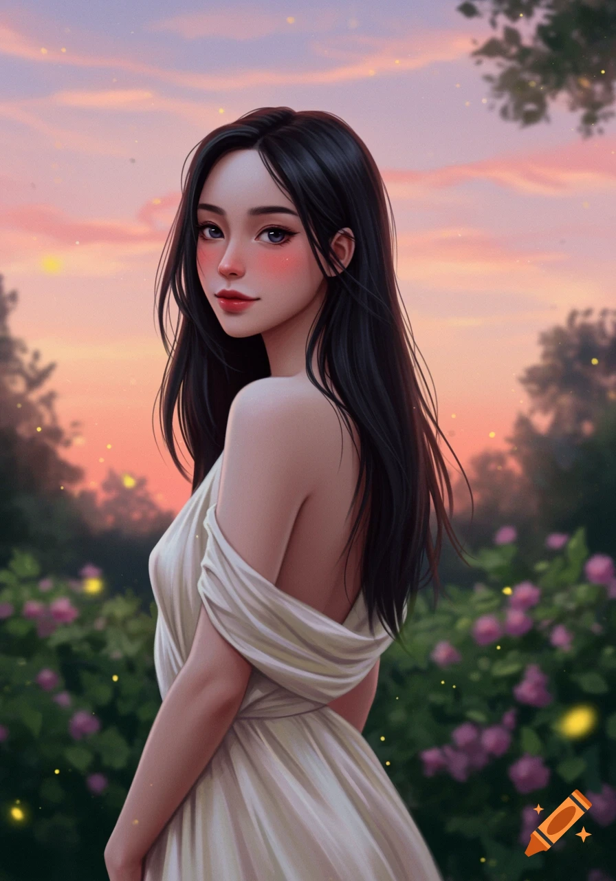 Digital art illustration of a young woman with long black hair and a white dress, standing in a garden at sunset.