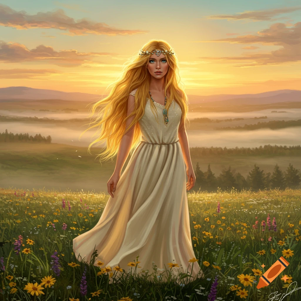 A digital painting of a blonde woman with long flowing hair and a white dress standing in a field of wildflowers at sunset.