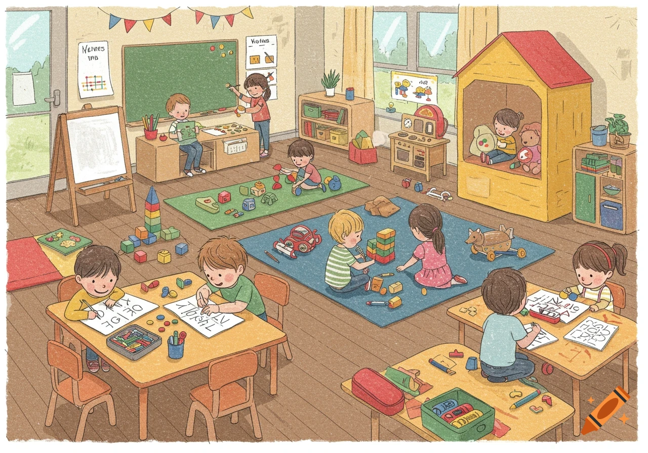 An illustrated kindergarten classroom with children engaged in various activities like drawing, building blocks, and playing.