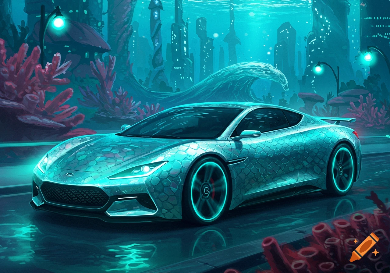 A futuristic car with a scale-like texture and glowing blue lights drives through a vibrant underwater city with coral and tall buildings.